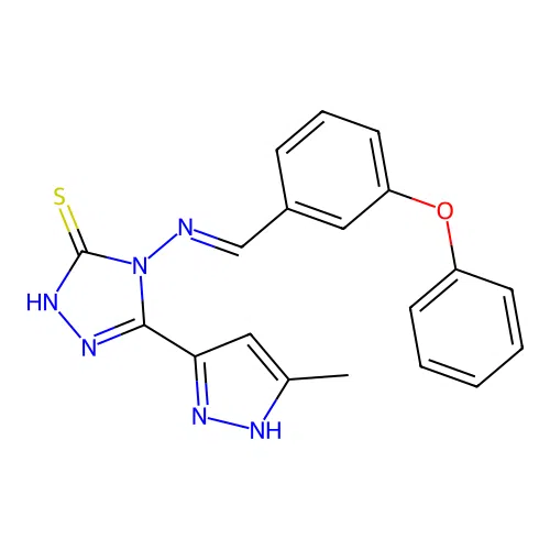 5-(5-methyl-1H-pyrazol-3-yl)-4-{[(E)-(3-phenoxyphenyl)methylidene]amino}-4H-1,2,4-triazole-3-thiol structure