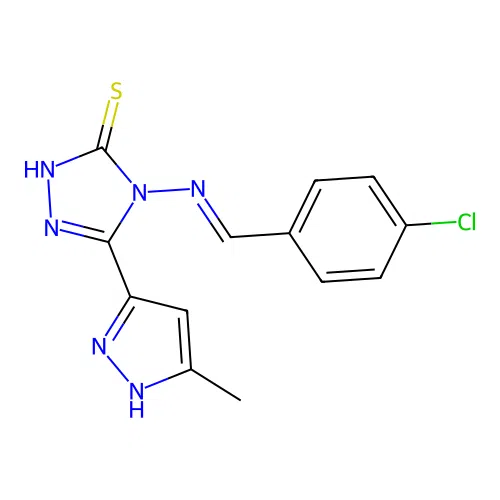 (E)-4-((4-chlorobenzylidene)amino)-5-(3-methyl-1H-pyrazol-5-yl)-4H-1,2,4-triazole-3-thiol structure