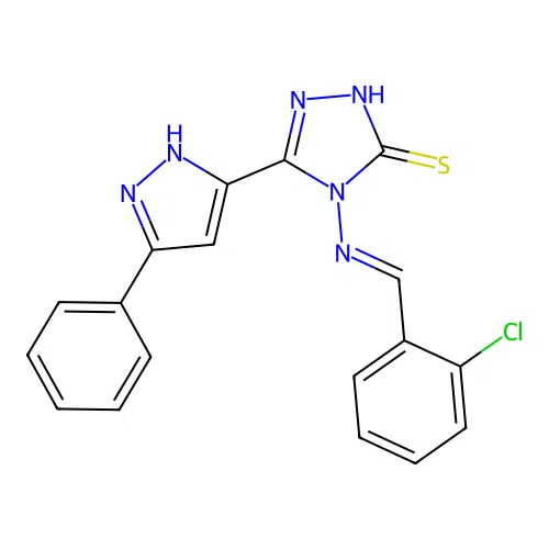 (E)-4-((2-chlorobenzylidene)amino)-5-(3-phenyl-1H-pyrazol-5-yl)-4H-1,2,4-triazole-3-thiol structure
