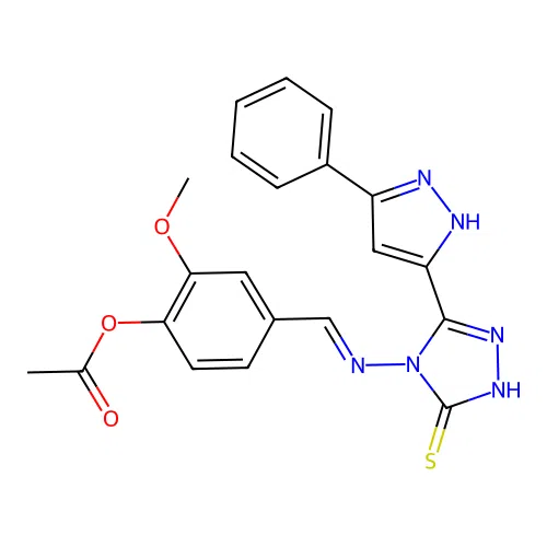 (E)-4-(((3-mercapto-5-(3-phenyl-1H-pyrazol-5-yl)-4H-1,2,4-triazol-4-yl)imino)methyl)-2-methoxyphenyl acetate structure