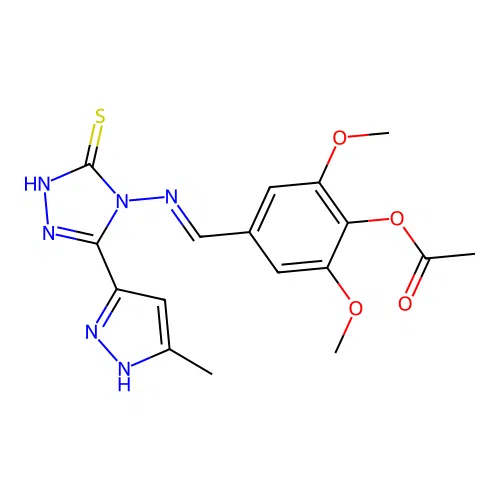 (E)-4-(((3-mercapto-5-(3-methyl-1H-pyrazol-5-yl)-4H-1,2,4-triazol-4-yl)imino)methyl)-2,6-dimethoxyphenyl acetate structure