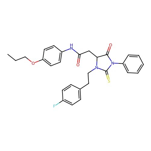 2-{3-[2-(4-fluorophenyl)ethyl]-5-oxo-1-phenyl-2-thioxoimidazolidin-4-yl}-N-(4-propoxyphenyl)acetamide structure