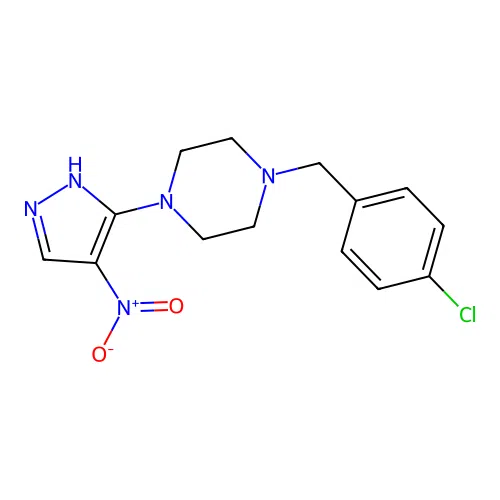1-(4-chlorobenzyl)-4-(4-nitro-1H-pyrazol-5-yl)piperazine structure