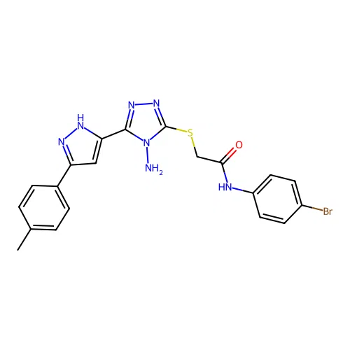 2-((4-amino-5-(3-(p-tolyl)-1H-pyrazol-5-yl)-4H-1,2,4-triazol-3-yl)thio)-N-(4-bromophenyl)acetamide structure