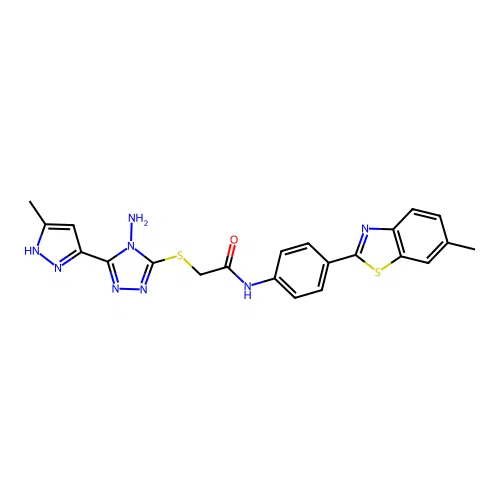 2-((4-amino-5-(3-methyl-1H-pyrazol-5-yl)-4H-1,2,4-triazol-3-yl)thio)-N-(4-(6-methylbenzo[d]thiazol-2-yl)phenyl)acetamide structure