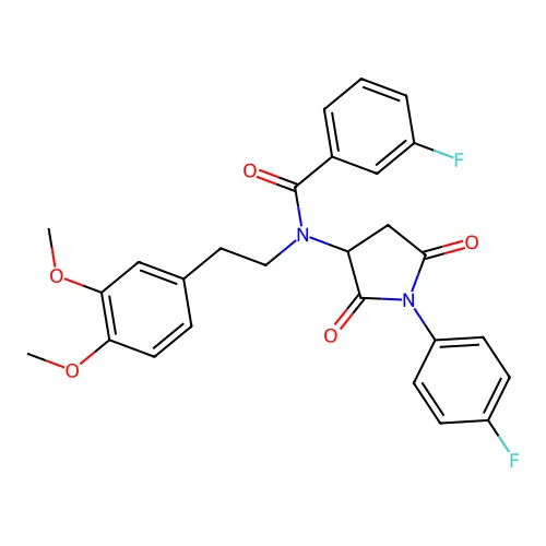 N-[2-(3,4-dimethoxyphenyl)ethyl]-3-fluoro-N-[1-(4-fluorophenyl)-2,5-dioxopyrrolidin-3-yl]benzamide structure