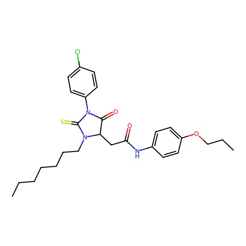 2-[1-(4-chlorophenyl)-3-heptyl-5-oxo-2-thioxoimidazolidin-4-yl]-N-(4-propoxyphenyl)acetamide structure