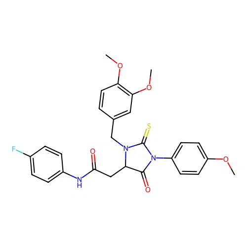 2-[3-(3,4-dimethoxybenzyl)-1-(4-methoxyphenyl)-5-oxo-2-thioxoimidazolidin-4-yl]-N-(4-fluorophenyl)acetamide structure