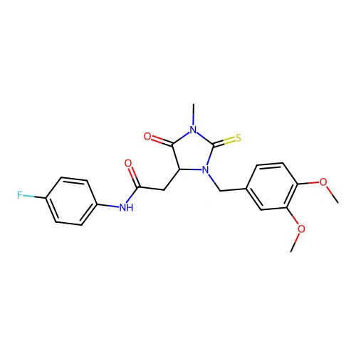 2-(3-(3,4-dimethoxybenzyl)-1-methyl-5-oxo-2-thioxoimidazolidin-4-yl)-N-(4-fluorophenyl)acetamide structure