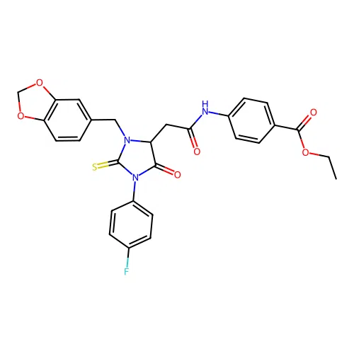 ethyl 4-({[3-(1,3-benzodioxol-5-ylmethyl)-1-(4-fluorophenyl)-5-oxo-2-thioxoimidazolidin-4-yl]acetyl}amino)benzoate structure