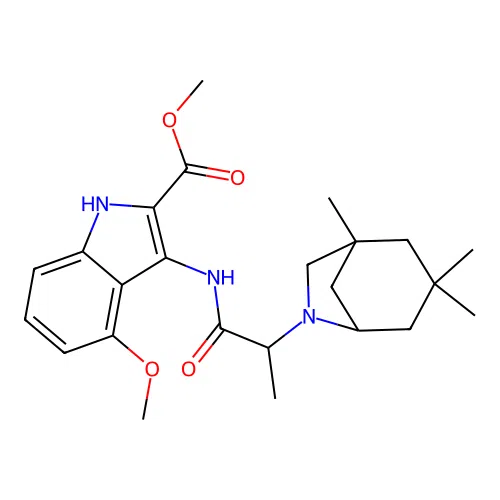 methyl 4-methoxy-3-(2-(1,3,3-trimethyl-6-azabicyclo[3.2.1]octan-6-yl)propanamido)-1H-indole-2-carboxylate structure
