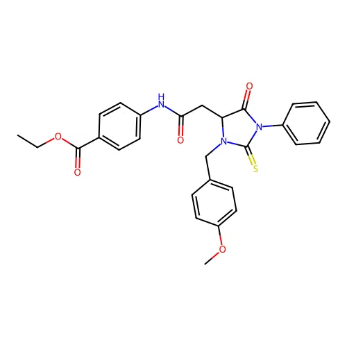 ethyl 4-({[3-(4-methoxybenzyl)-5-oxo-1-phenyl-2-thioxoimidazolidin-4-yl]acetyl}amino)benzoate structure