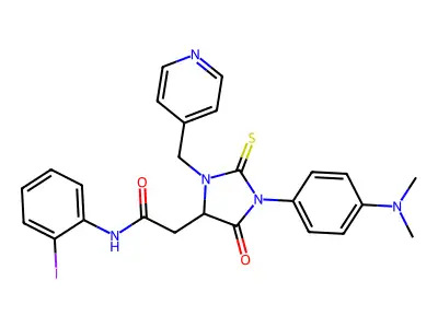 2-[1-[4-(dimethylamino)phenyl]-5-oxo-3-(4-pyridinylmethyl)-2-thioxo-4-imidazolidinyl]-N-(2-iodophenyl)acetamide structure