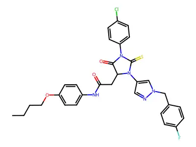 N-(4-butoxyphenyl)-2-[1-(4-chlorophenyl)-3-[1-[(4-fluorophenyl)methyl]pyrazol-4-yl]-5-oxo-2-sulfanylideneimidazolidin-4-yl]acetamide structure