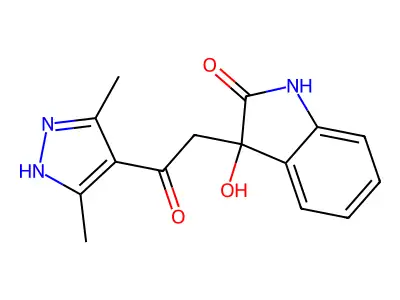 3-[2-(3,5-dimethyl-1H-pyrazol-4-yl)-2-oxoethyl]-3-hydroxy-1H-indol-2-one structure