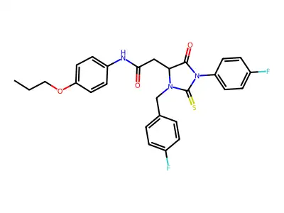 2-[3-(4-fluorobenzyl)-1-(4-fluorophenyl)-5-oxo-2-thioxoimidazolidin-4-yl]-N-(4-propoxyphenyl)acetamide structure