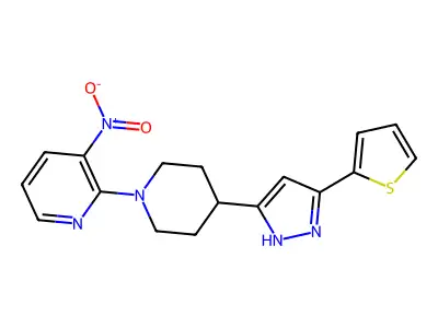 1-(3-nitro-2-pyridinyl)-4-[5-(2-thienyl)-1H-pyrazol-3-yl]piperidine structure