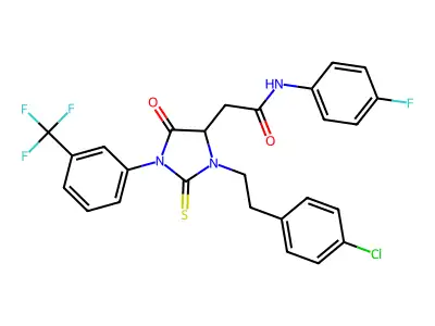 2-{3-[2-(4-chlorophenyl)ethyl]-5-oxo-2-thioxo-1-[3-(trifluoromethyl)phenyl]imidazolidin-4-yl}-N-(4-fluorophenyl)acetamide structure