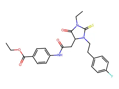 ethyl 4-[({1-ethyl-3-[2-(4-fluorophenyl)ethyl]-5-oxo-2-thioxoimidazolidin-4-yl}acetyl)amino]benzoate structure
