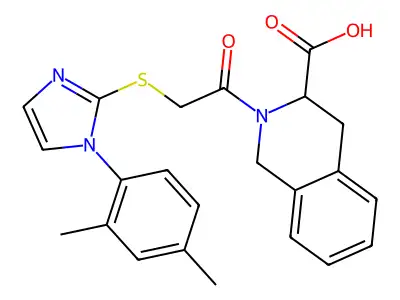 2-(2-{[1-(2,4-dimethylphenyl)-1H-imidazol-2-yl]sulfanyl}acetyl)-1,2,3,4-tetrahydroisoquinoline-3-carboxylic acid structure