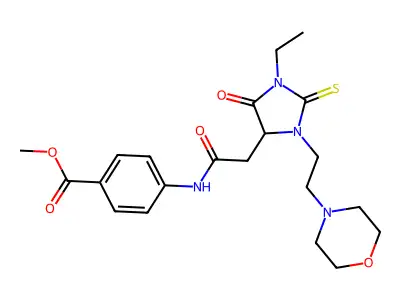 methyl 4-[({1-ethyl-3-[2-(morpholin-4-yl)ethyl]-5-oxo-2-thioxoimidazolidin-4-yl}acetyl)amino]benzoate structure