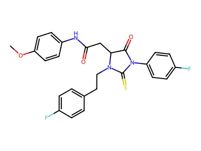 2-[1-(4-fluorophenyl)-3-[2-(4-fluorophenyl)ethyl]-5-oxo-2-sulfanylideneimidazolidin-4-yl]-N-(4-methoxyphenyl)acetamide structure
