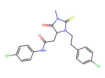 N-(4-chlorophenyl)-2-{3-[2-(4-chlorophenyl)ethyl]-1-methyl-5-oxo-2-thioxoimidazolidin-4-yl}acetamide structure