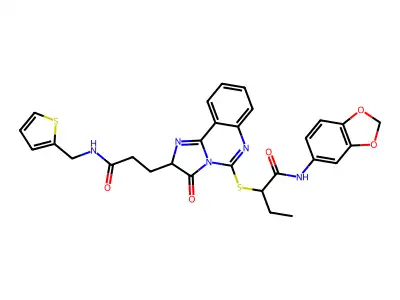 N-(2H-1,3-benzodioxol-5-yl)-2-{[3-oxo-2-(2-{[(thiophen-2-yl)methyl]carbamoyl}ethyl)-2H,3H-imidazo[1,2-c]quinazolin-5-yl]sulfanyl}butanamide structure