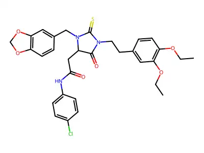 2-[3-(1,3-benzodioxol-5-ylmethyl)-1-[2-(3,4-diethoxyphenyl)ethyl]-5-oxo-2-sulfanylideneimidazolidin-4-yl]-N-(4-chlorophenyl)acetamide structure