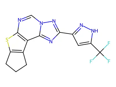 2-[3-(trifluoromethyl)-1H-pyrazol-5-yl]-9,10-dihydro-8H-cyclopenta[4,5]thieno[3,2-e][1,2,4]triazolo[1,5-c]pyrimidine structure
