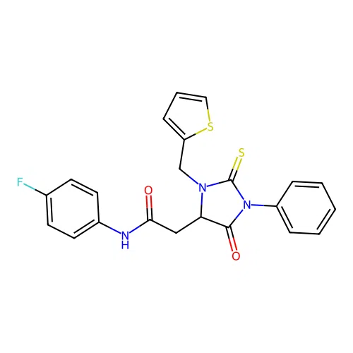 N-(4-fluorophenyl)-2-[5-oxo-1-phenyl-3-(thiophen-2-ylmethyl)-2-thioxoimidazolidin-4-yl]acetamide structure