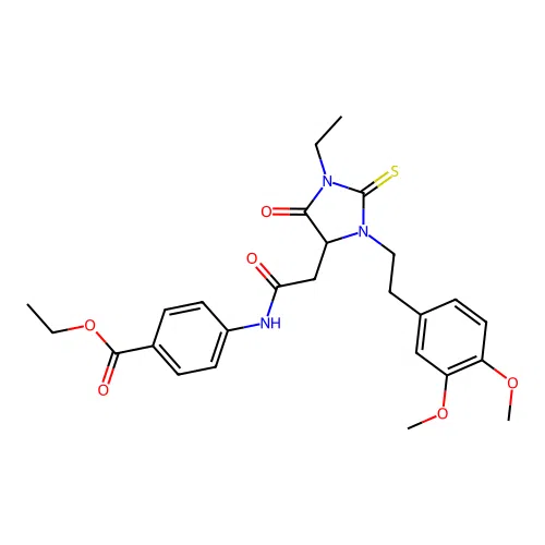 ethyl 4-[({3-[2-(3,4-dimethoxyphenyl)ethyl]-1-ethyl-5-oxo-2-thioxoimidazolidin-4-yl}acetyl)amino]benzoate structure