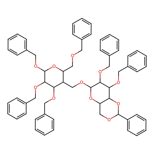 2-phenyl-7,8-bis(phenylmethoxy)-6-[[4,5,6-tris(phenylmethoxy)-2-(phenylmethoxymethyl)oxan-3-yl]methoxy]-4,4a,6,7,8,8a-hexahydropyrano[3,2-d][1,3]dioxine structure