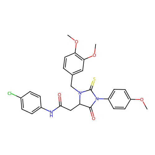 N-(4-chlorophenyl)-2-(3-(3,4-dimethoxybenzyl)-1-(4-methoxyphenyl)-5-oxo-2-thioxoimidazolidin-4-yl)acetamide structure