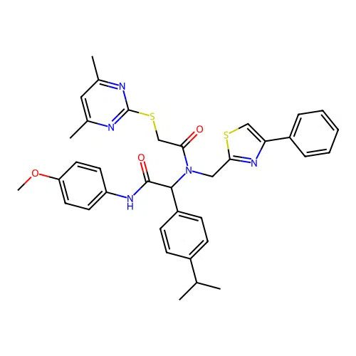 (2S)-2-[[2-(4,6-dimethylpyrimidin-2-yl)sulfanylacetyl]-[(4-phenyl-1,3-thiazol-2-yl)methyl]amino]-N-(4-methoxyphenyl)-2-(4-propan-2-ylphenyl)acetamide structure