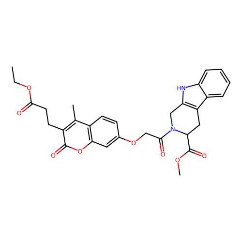 methyl 2-(2-((3-(3-ethoxy-3-oxopropyl)-4-methyl-2-oxo-2H-chromen-7-yl)oxy)acetyl)-2,3,4,9-tetrahydro-1H-pyrido[3,4-b]indole-3-carboxylate structure