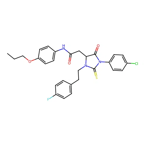 2-[1-(4-chlorophenyl)-3-[2-(4-fluorophenyl)ethyl]-5-oxo-2-sulfanylideneimidazolidin-4-yl]-N-(4-propoxyphenyl)acetamide structure