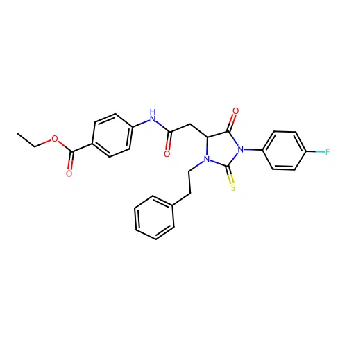ethyl 4-({[1-(4-fluorophenyl)-5-oxo-3-(2-phenylethyl)-2-thioxoimidazolidin-4-yl]acetyl}amino)benzoate structure