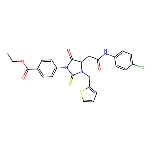 ethyl 4-[4-{2-[(4-chlorophenyl)amino]-2-oxoethyl}-5-oxo-3-(thiophen-2-ylmethyl)-2-thioxoimidazolidin-1-yl]benzoate structure