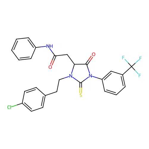 2-(3-(4-chlorophenethyl)-5-oxo-2-thioxo-1-(3-(trifluoromethyl)phenyl)imidazolidin-4-yl)-N-phenylacetamide structure