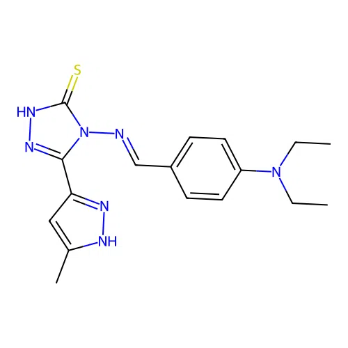 (E)-4-((4-(diethylamino)benzylidene)amino)-5-(3-methyl-1H-pyrazol-5-yl)-4H-1,2,4-triazole-3-thiol structure