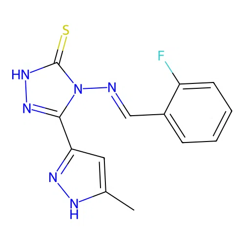 (E)-4-((2-fluorobenzylidene)amino)-5-(3-methyl-1H-pyrazol-5-yl)-4H-1,2,4-triazole-3-thiol structure