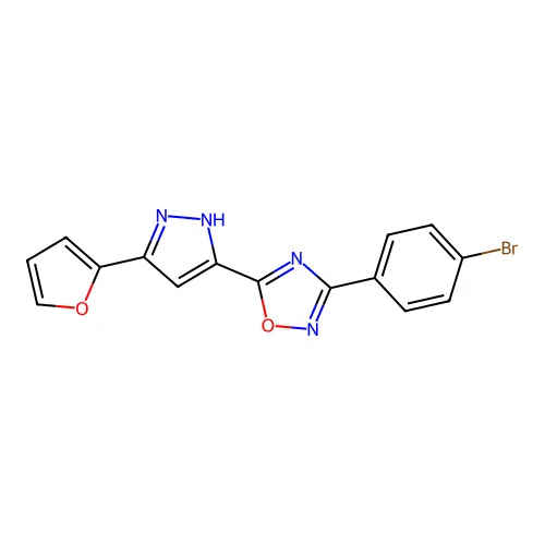 3-(4-bromophenyl)-5-[5-(furan-2-yl)-1H-pyrazol-3-yl]-1,2,4-oxadiazole structure