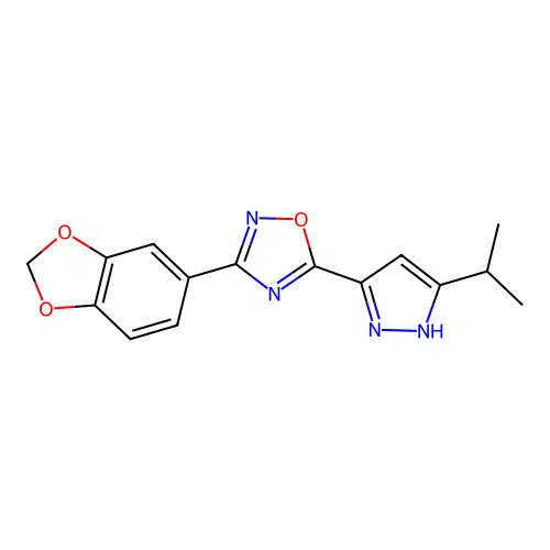 3-(benzo[d][1,3]dioxol-5-yl)-5-(3-isopropyl-1H-pyrazol-5-yl)-1,2,4-oxadiazole structure