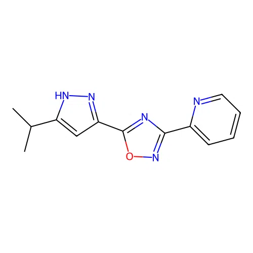2-{5-[5-(propan-2-yl)-1H-pyrazol-3-yl]-1,2,4-oxadiazol-3-yl}pyridine structure