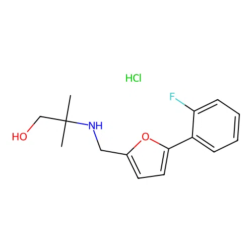 2-(((5-(2-fluorophenyl)furan-2-yl)methyl)amino)-2-methylpropan-1-ol hydrochloride structure