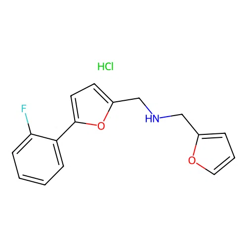 1-(5-(2-fluorophenyl)furan-2-yl)-N-(furan-2-ylmethyl)methanamine hydrochloride structure