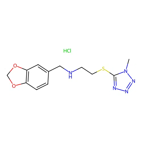 N-(1,3-benzodioxol-5-ylmethyl)-2-(1-methyltetrazol-5-yl)sulfanylethanamine hydrochloride structure