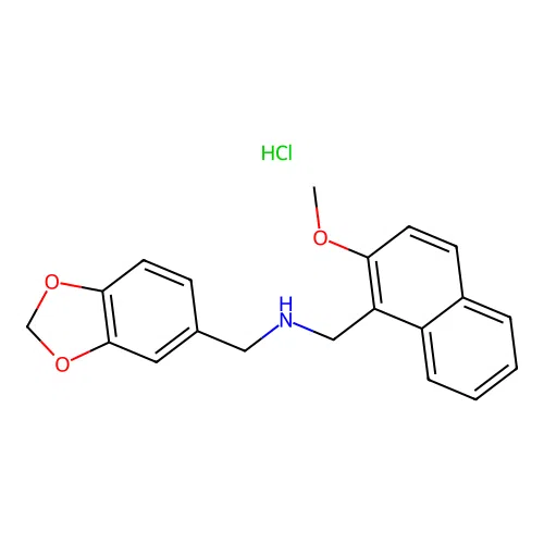 1-(1,3-benzodioxol-5-yl)-N-[(2-methoxynaphthalen-1-yl)methyl]methanamine hydrochloride structure
