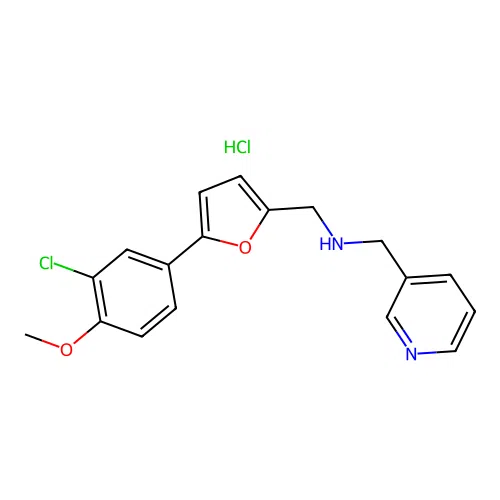 1-(5-(3-chloro-4-methoxyphenyl)furan-2-yl)-N-(pyridin-3-ylmethyl)methanamine hydrochloride structure